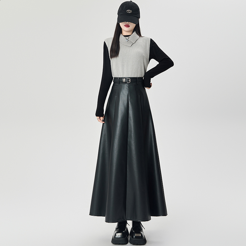 PU Leather Pleated Umbrella Skirt Coffee Color Leather Skirt Half Skirt Women Autumn Winter 2025 New Long High Waist Slimming Draped Aline 250214