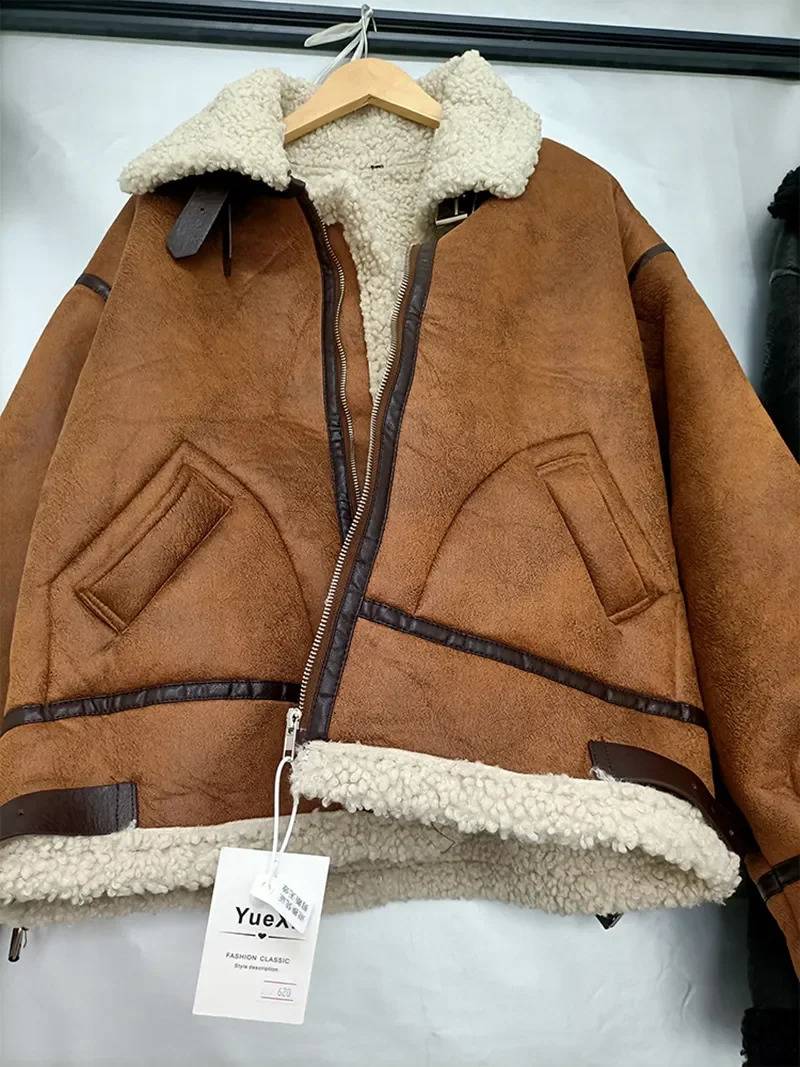 Women Warm Winter Faux Fur Suede Leather Lambswool Spliced Parkas Coat Shearling Bomber Jacket Zipper Sheepskin Moto Outwear 250828