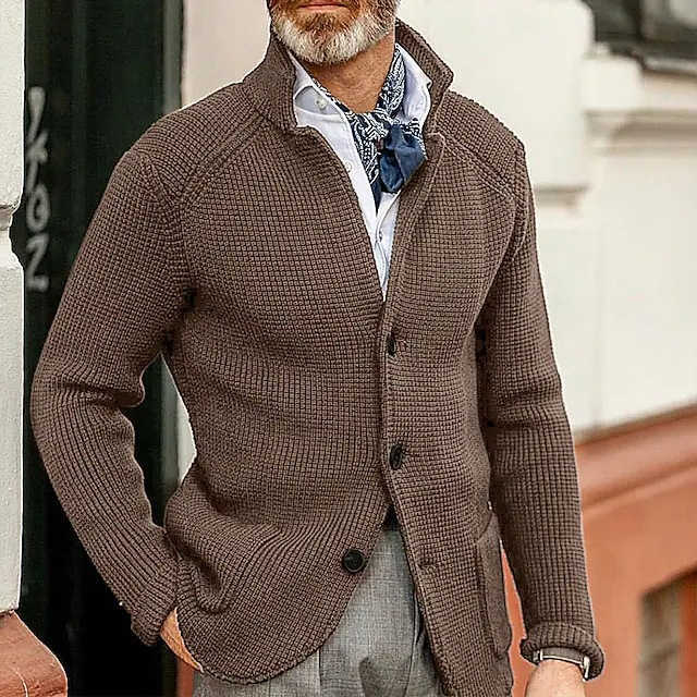 Solid color stand-up collar cross-border fashion new men's casual long-sleeved knitted cardigan daily European and American slim fit sweater