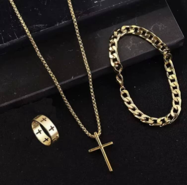 3PCS OEM Popular Black Cable Chain Bracelet Rings Metal Cross Pendant Necklace for Men Seaside Vacation Party Jewelry Gift Set