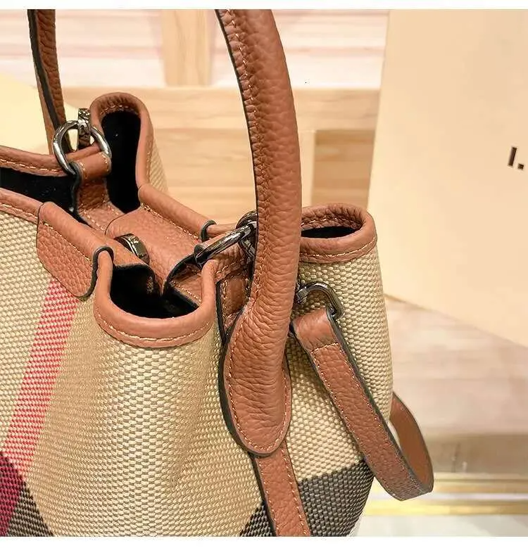 Canvas Leather Women Fashion Barrel Bucket Plaid bag Shoulder Crossbody Bags Female Purses And Handbags Ladies Bag