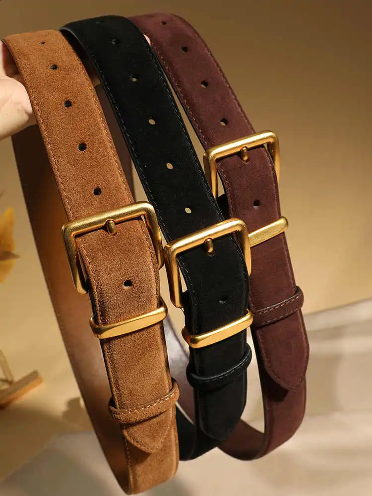Women Suede Cowhide Belt 3.3cm Wide Waistband for Dresses Jeans Vintage Style with Gold Buckle 250829