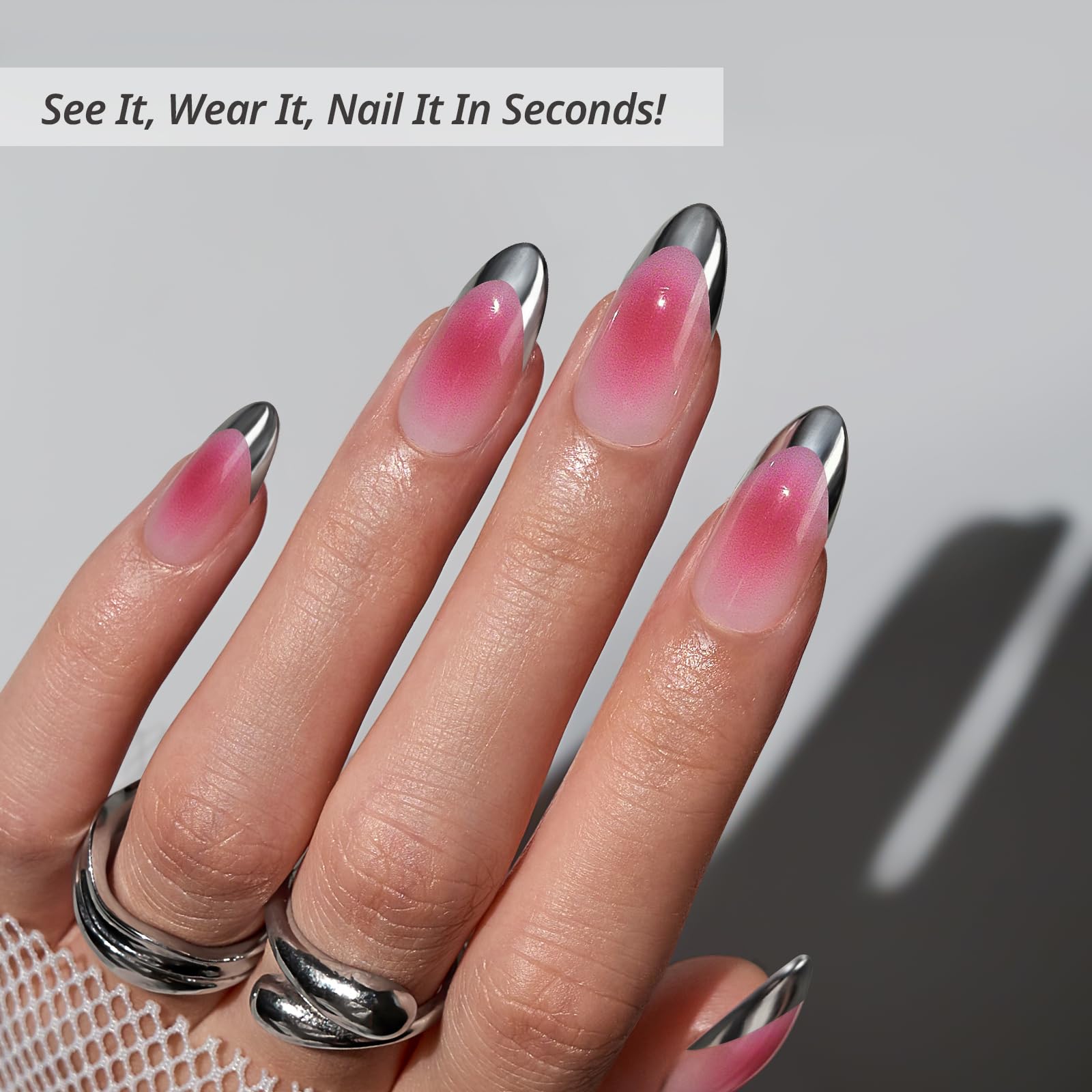 Silver Edged French Powder Blusher Almond Shaped Press On Nails, Unique And Beautiful, Suitable For Women And Girls To Wear At Parties
