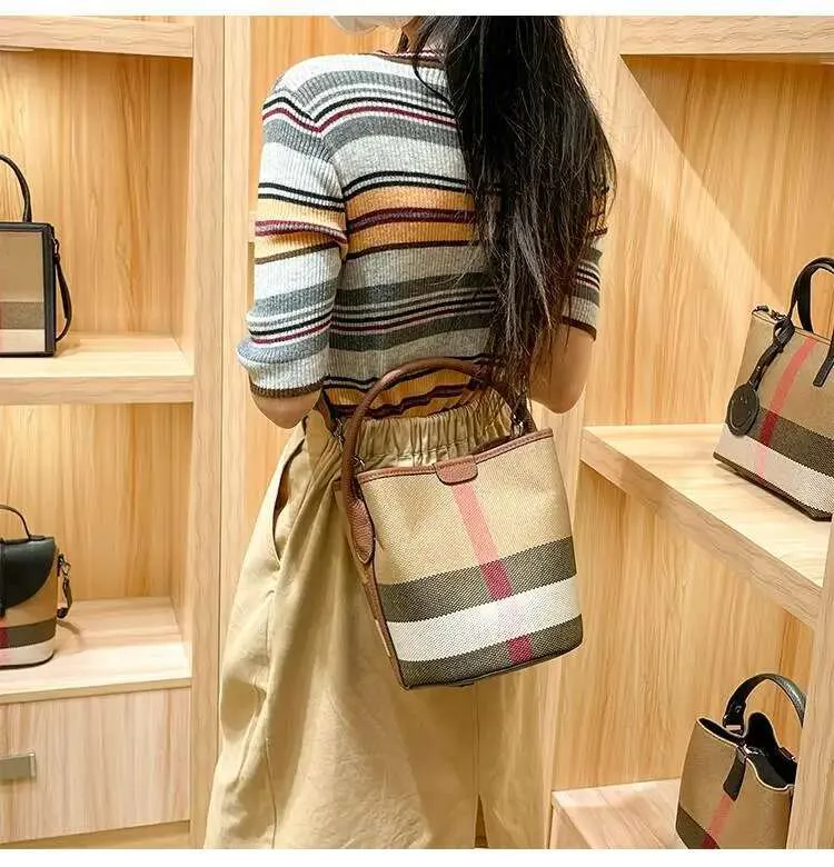 Canvas Leather Women Fashion Barrel Bucket Plaid bag Shoulder Crossbody Bags Female Purses And Handbags Ladies Bag