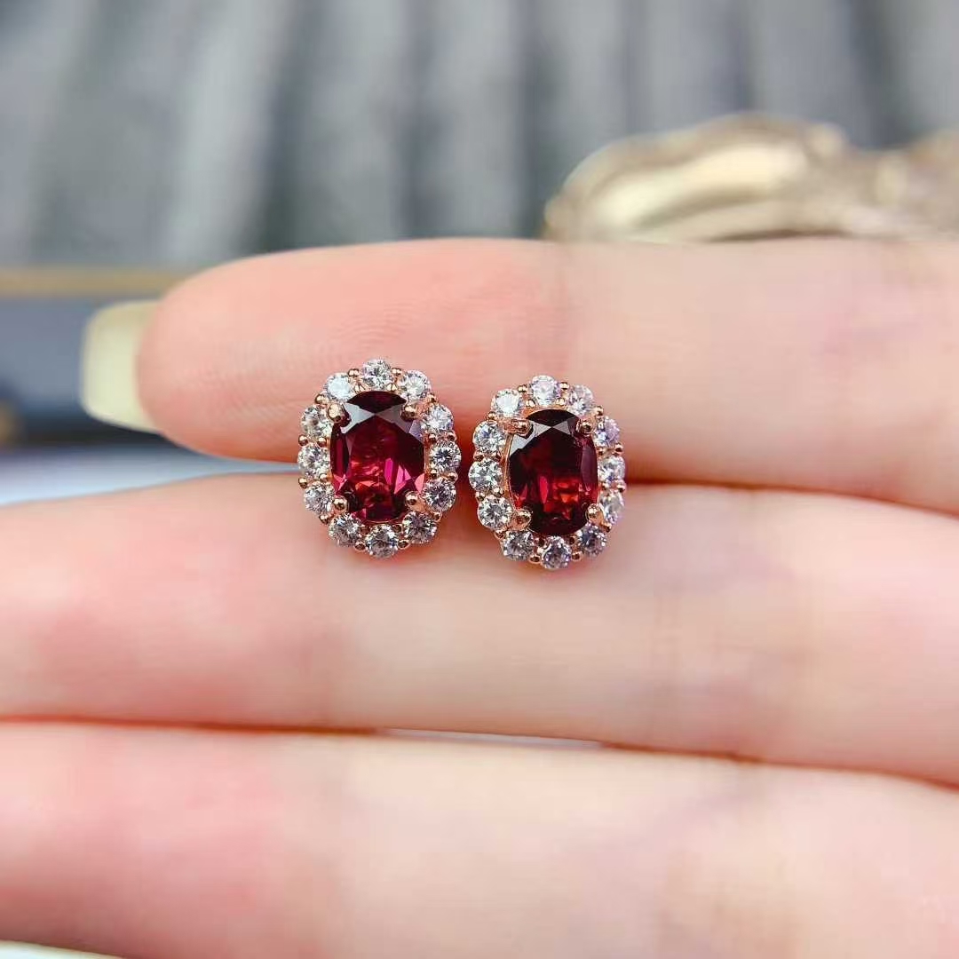 Real garnet silver earrings 925 silver gemstone stud earrings 5mm*7mm total 1.4ct natural garnet jewelry with 3 layers 18K gold plating allergy free