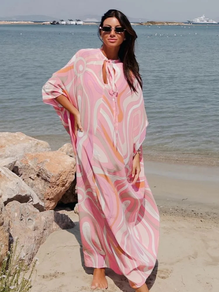 Geometric Print Satin Caftan Dress Wome Stand Collar Loose Hollow 2025 Fashion Elegant Vestido Holiday Party Vintage Robe 250829