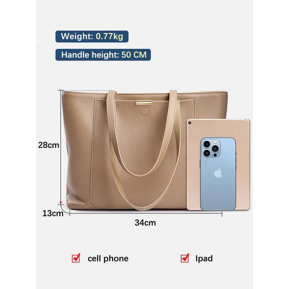 Zency Soft Cowhide Leather Women Shoulder Tote Handbag Large Capacity Lady Shopping Bag Front Pocket For Notebook Phone Ipad