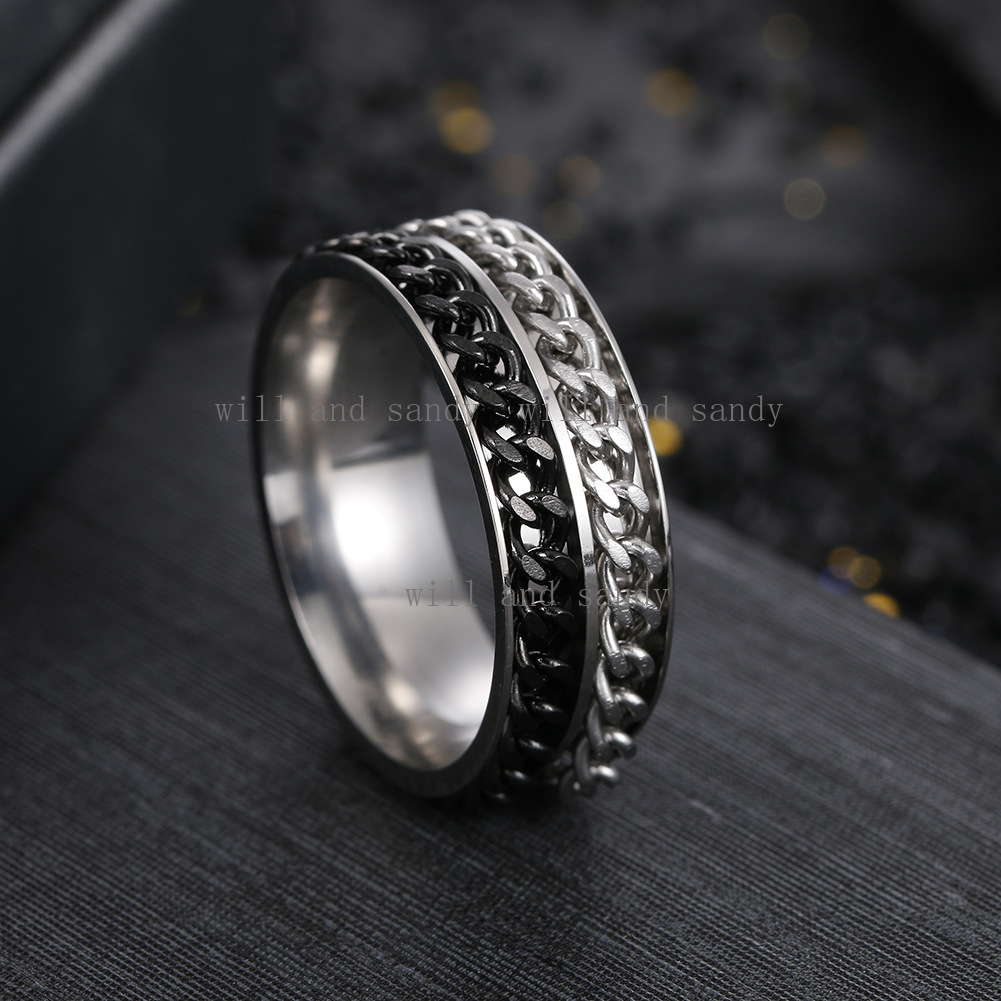 Non Tarnish Cuban Link Chain Ring Band Hip Hop Thumb Rings Two Tone Grooved Gold Rings Stainles Steel Fashion Jewelry for Women Men Wedding Promise Ri