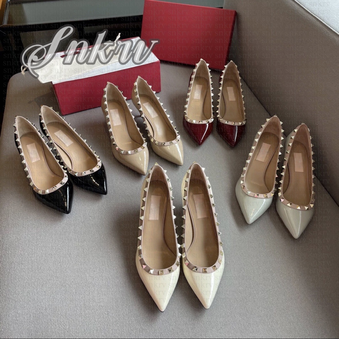 Brand Designer Rockstud Ladies Party High Heels Stud Sandals Sexy Pointed Studs Designer Nude Fashion Wedding Studs Women Flats Plus Ladies Shoes 4cm 6cm 8cm 35-42