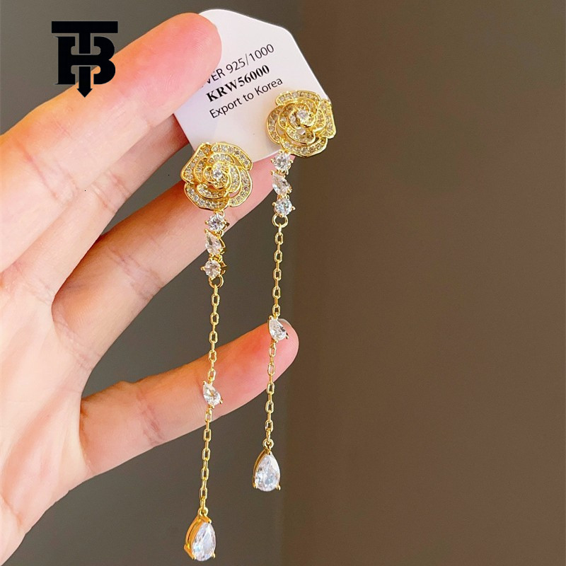 Free shipping for new designer accessories Light Luxury Style Socialite Rose Long Earrings 925 Silver Needle Matching Dress Long Ear Line High-end Ear