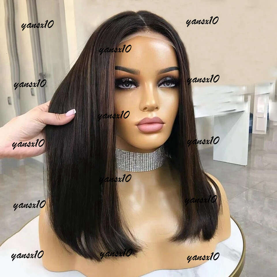 Brazilian Short Ash Blonde 360 Frontal Brown Highlight 13x4 Straight Bob Wig Lace Front Simulation Human Hair Wigs for Women 5e