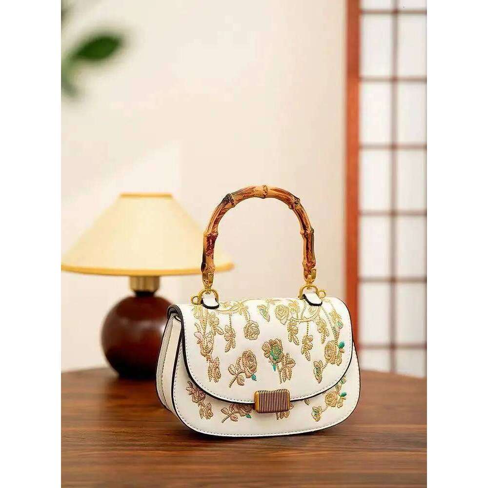 High Quality Bamboo Handle Women Handbag Textured Fashion Embroidery Floral Shoulder Crossbody Lady Purse Mother's Gift Bag