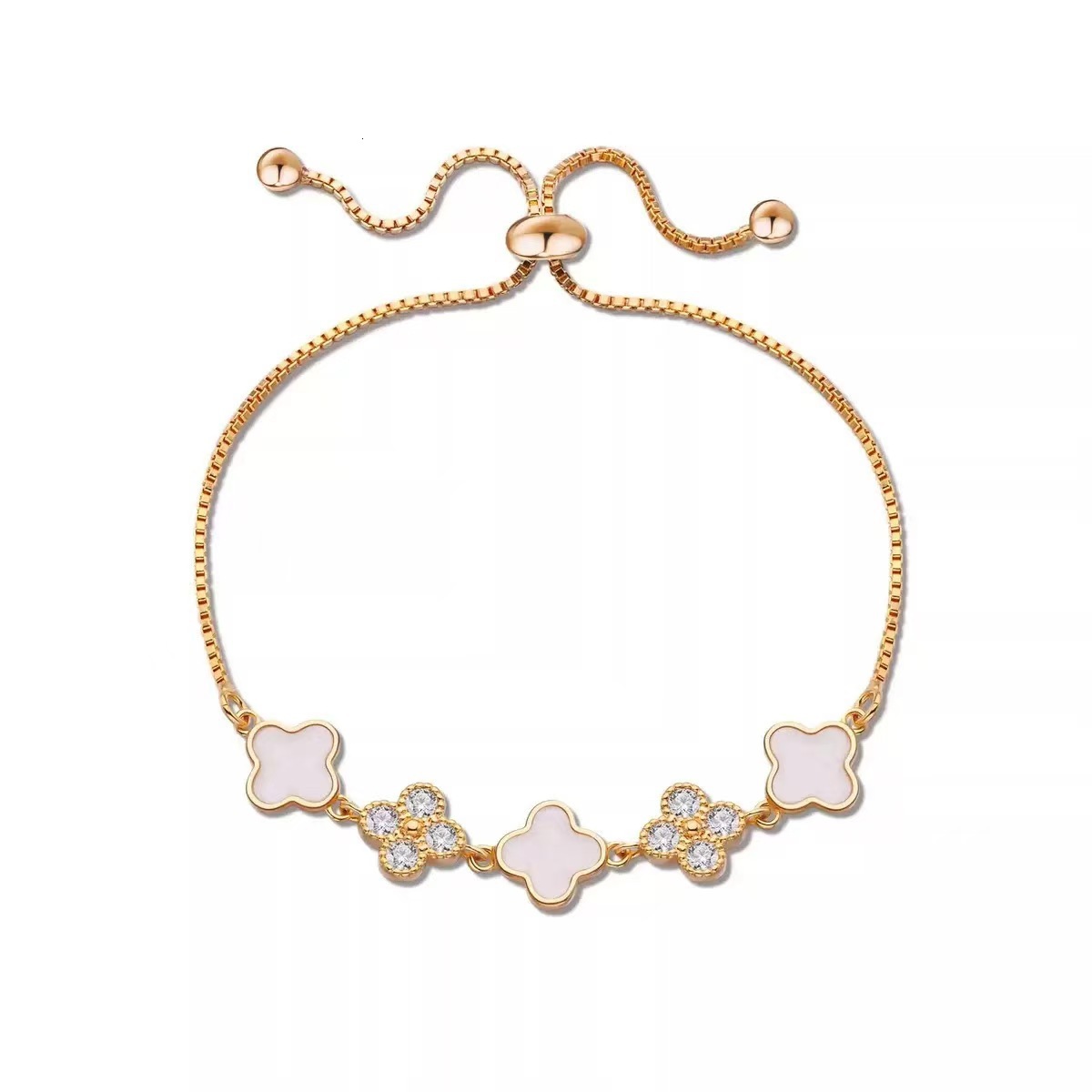 Lucky Four-Leaf Clover Champagne Gold for Women, Light Fashion Imitation Mother-of-Pearl Resin Adjustable Pull Bracelet - view 6