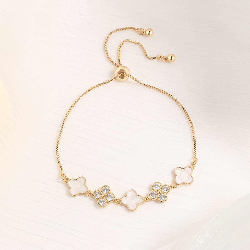 Lucky Four-Leaf Clover Champagne Gold for Women, Light Fashion Imitation Mother-of-Pearl Resin Adjustable Pull Bracelet - view 5