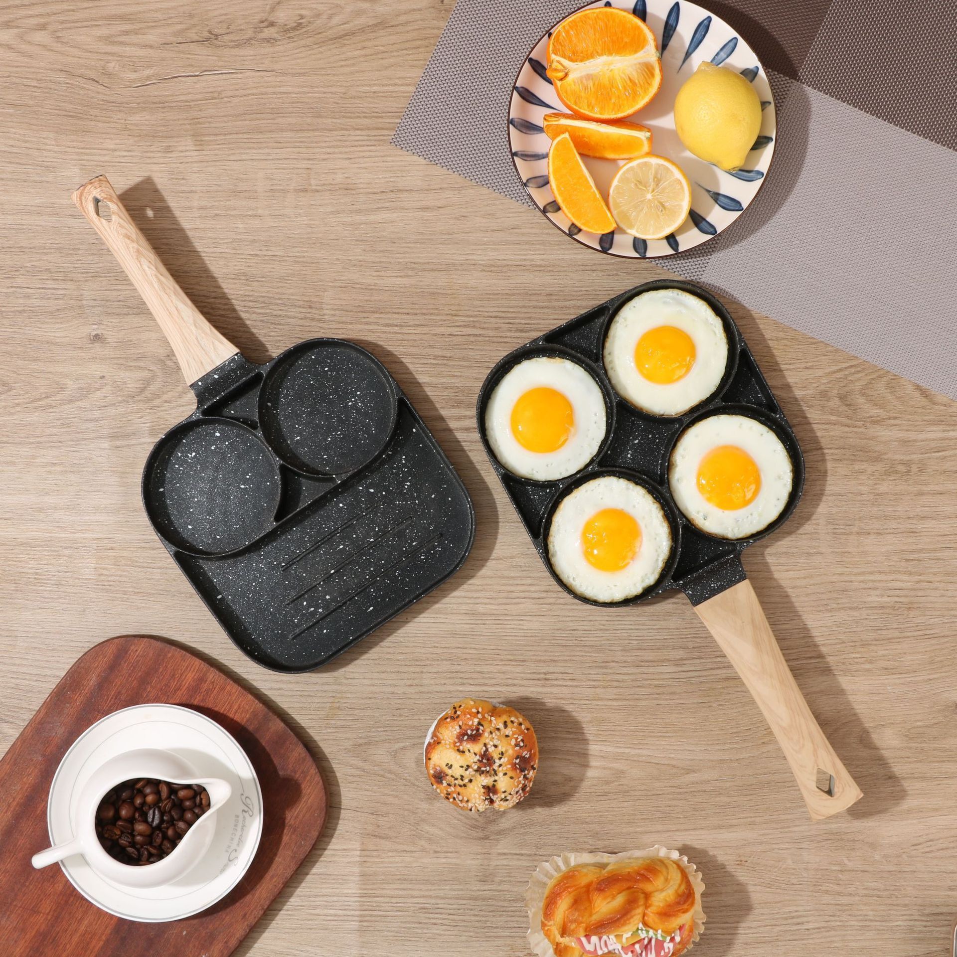 Household Aluminum Alloy Four-Hole Frying Multi-Hole Maifan Stone Non-Stick with Non-Slip Handle Breakfast Egg Pan