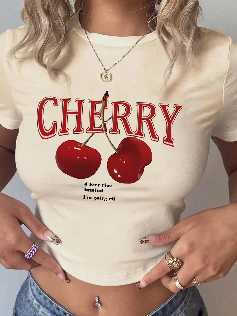 Fashion Cherry Print Crew Neck Tshirt Y2K Short Sleeve Tight Fit Crop Top Spring Summer Womens Clothing 250829