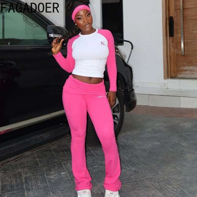 FAGADOER Casual 2 Pieces Set for Woman Long Sleeve Round Neck TShirt and High Waist Pants Matching Tracksuits Female Sportswear 250829