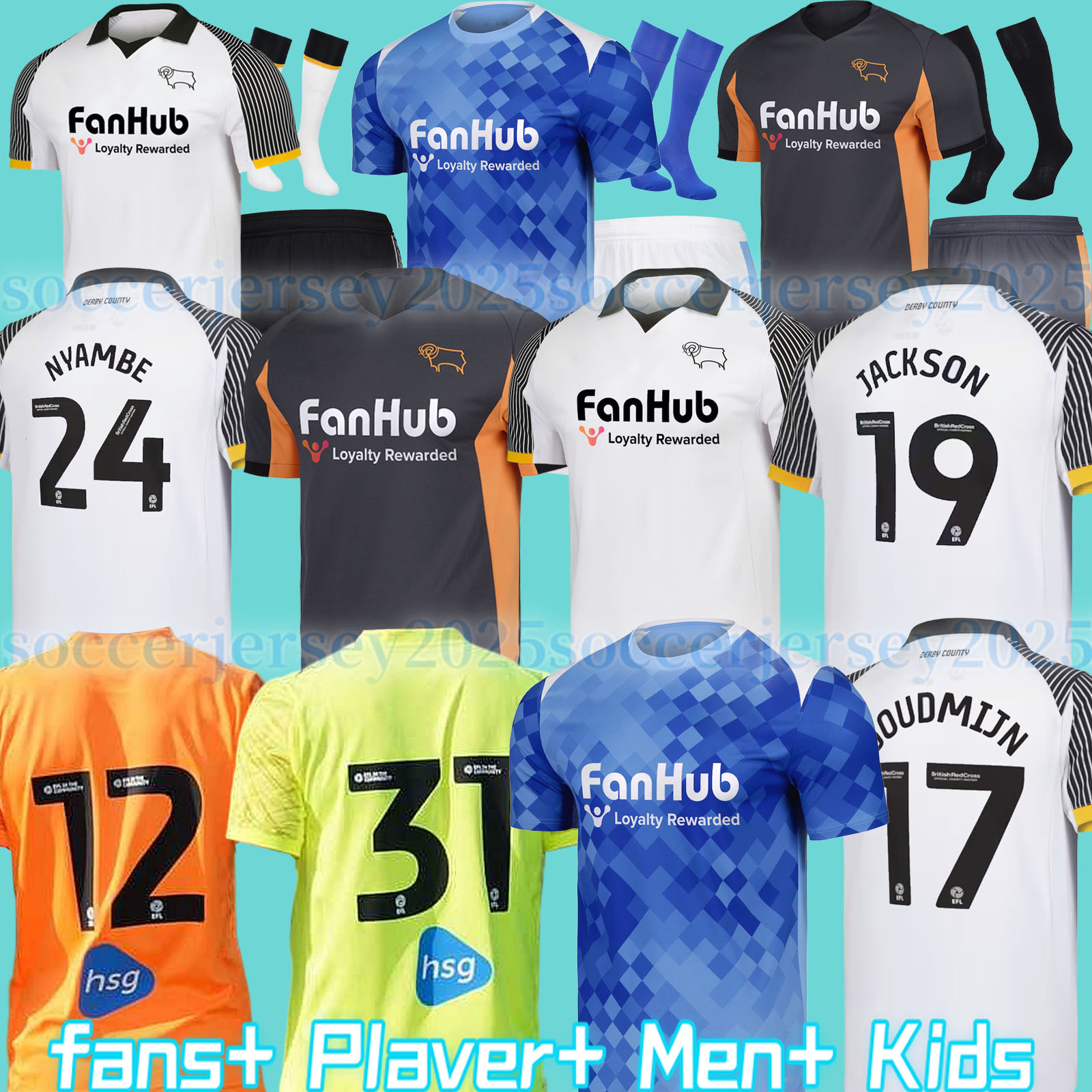 Derby 25/26 County soccer jerseys SIBLEY 17 CASHIN 6 NYAMBE 24 NELSON 35 ELDER 20 FORNAH 22 BARKHUIZEN 7 home away 2025 jersey football shirts