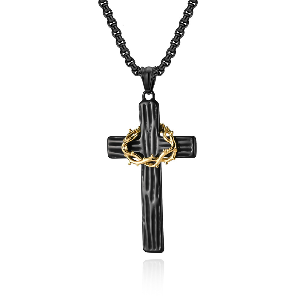 Luxury Brand Designer Jewelry Vintage Titanium Steel Flower Ring Cross Necklace Two-tone Wood Grain Stainless Steel Prayer Pendant Artistic Minimalist