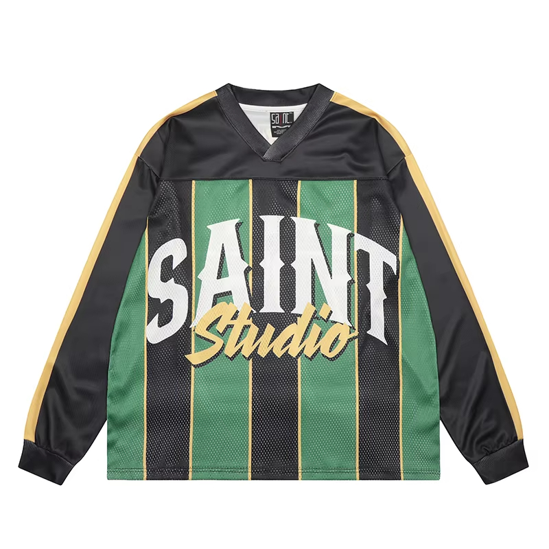 Long-sleeved T-shirt Summer New V-neck Mesh Breathable Letter Pattern Printed Top for Both Men and Women