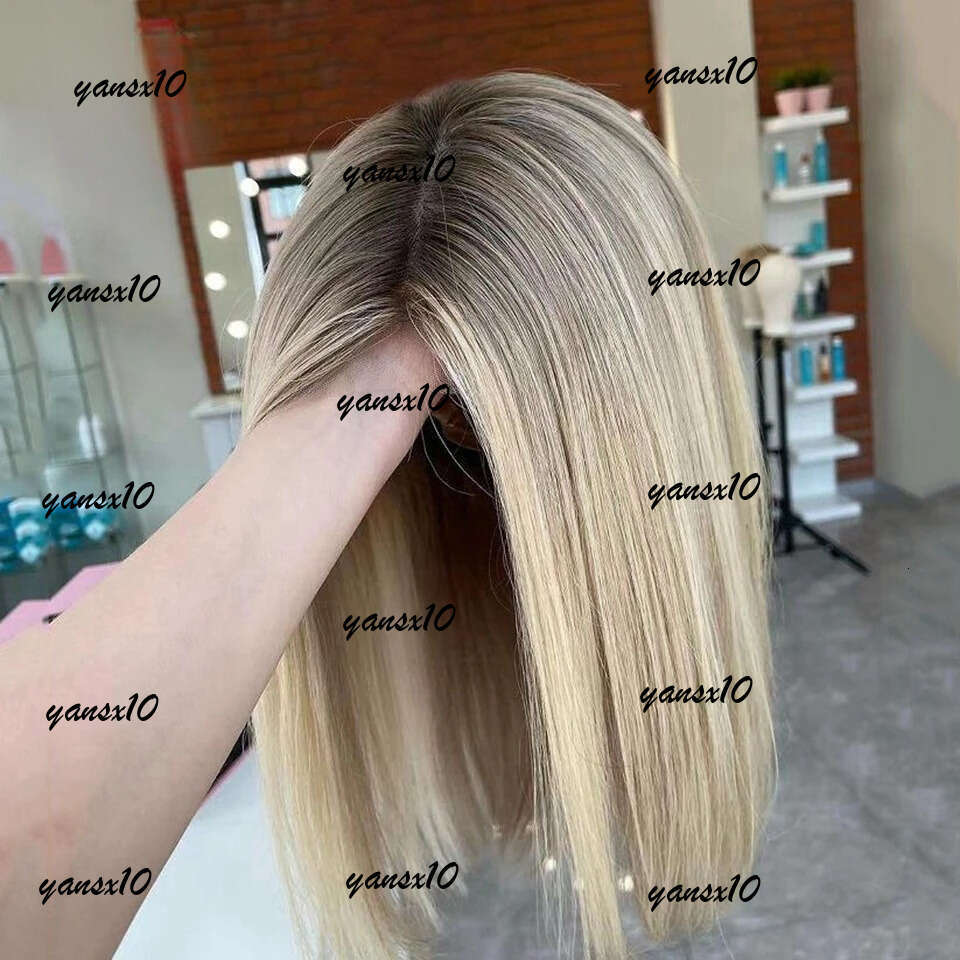 Brazilian Short Ash Blonde 360 Frontal Brown Highlight 13x4 Straight Bob Wig Lace Front Simulation Human Hair Wigs for Women 5e