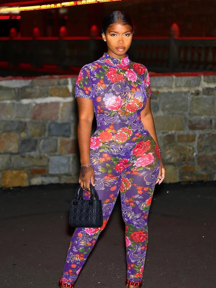 kliou Aesthetic Printed Women Jumpsuits Fashion Sexy Panelled Short Sleeve Backless Stand Collar Slim Overalls Mujer Clubwear 250829