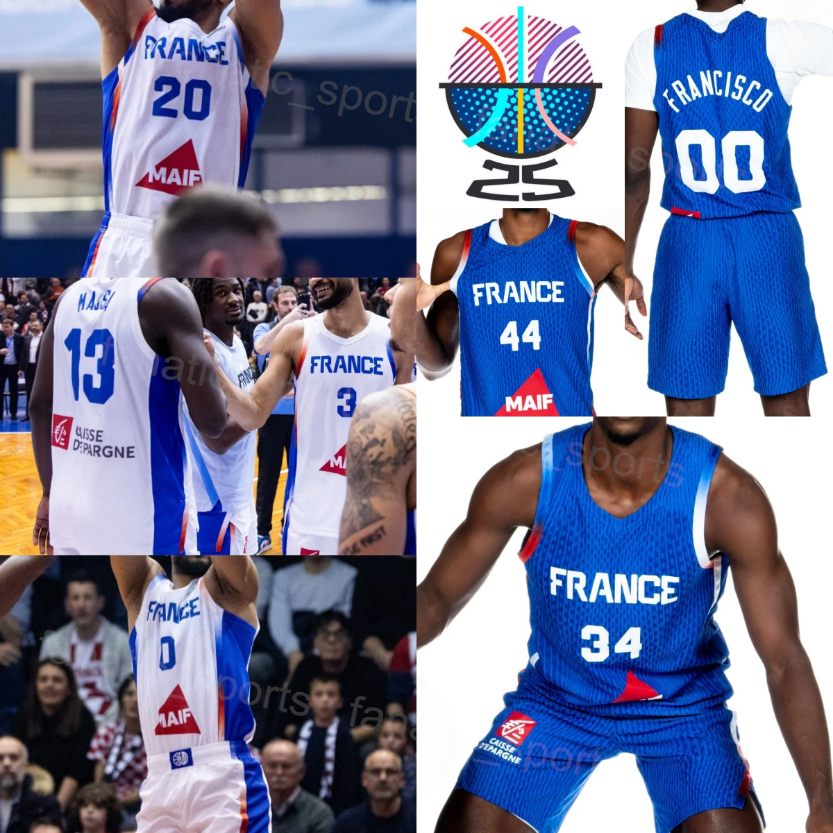 Printed France Basketball Jersey 2025 EuroBasket Isaia Cordinier 8 Zaccharie Risacher Alexandre Sarr Sylvain Francisco Jaylen Hoard Nadir Hifi Bilal Coulibaly