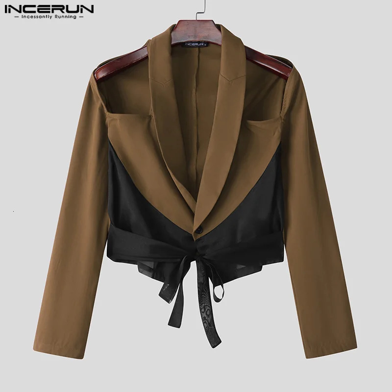 INCERUN Tops American Style Fashion Mens Hollow Patchwork Lace n Suit Casual Personality Cropped Long Sleeved Blazer 250829