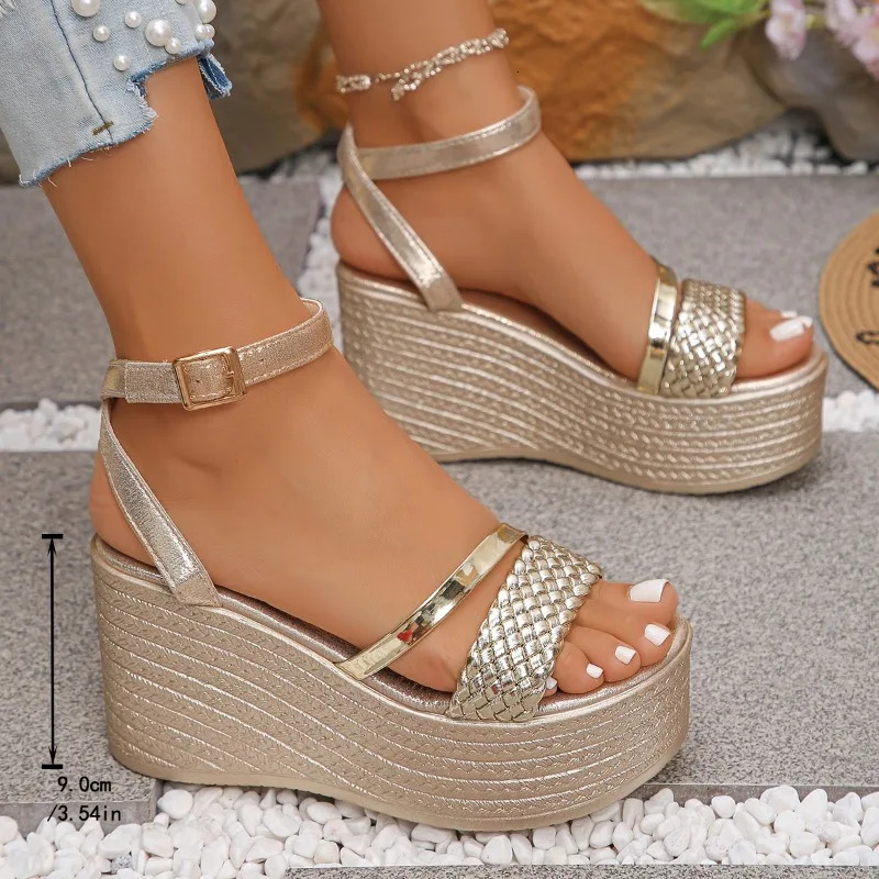 Womens Outdoor Wedges Platform Sandals 2025 Summer Round Toe High Heel Shoes for Women Open Buckle Strap Dress 250820