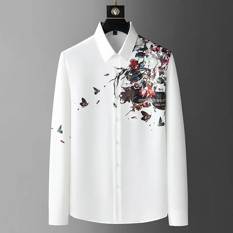 Spring Flower Rhinestone Shirts Men Slim Fit Casual Shirts Long Sleeve Business Dress Shirts Streetwear Social Party Tuxedo 250829