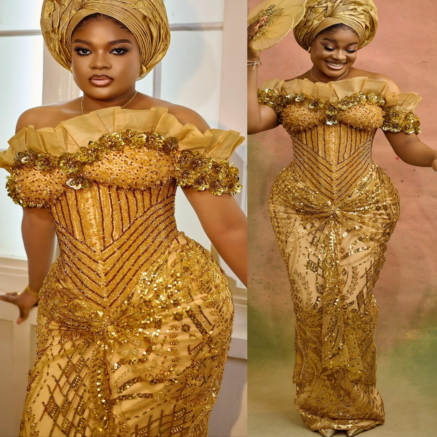 Aso Ebi Gold Sheath Prom Dress 2025 Flowers Beaded Sequined Sparkly Evening Formal Party Birthday Dresses Robe De Sorrie Reception Gowns For Special O