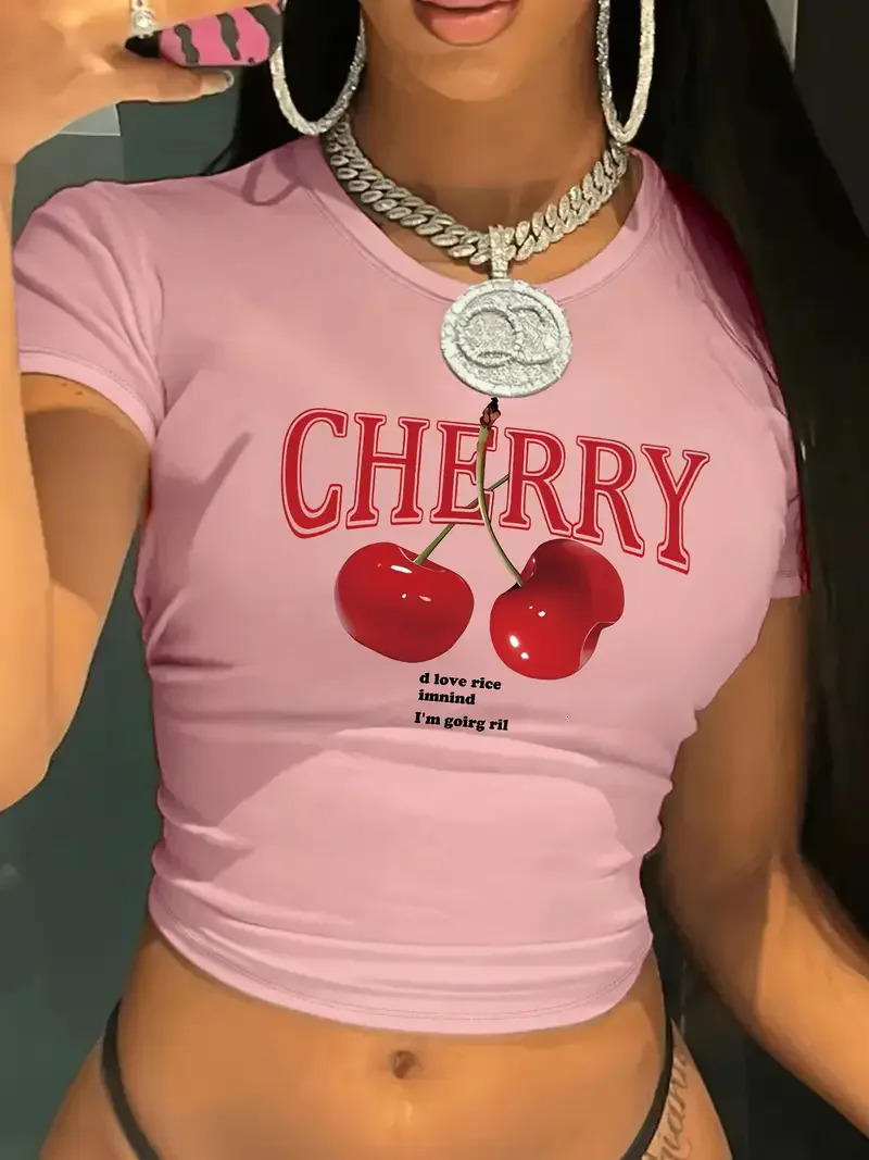 Fashion Cherry Print Crew Neck Tshirt Y2K Short Sleeve Tight Fit Crop Top Spring Summer Womens Clothing 250829