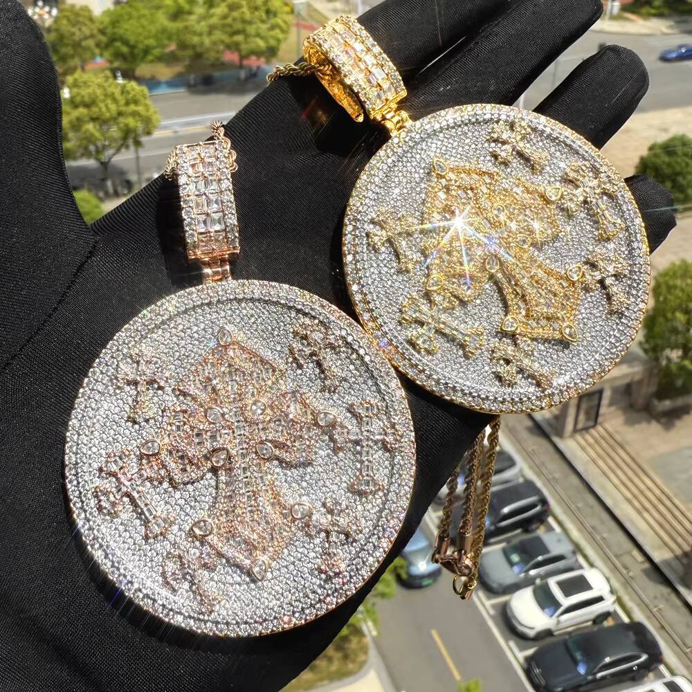 Large Hip Hop Jewelry Geometric Round Diamond Cross Carved Men's Pendant Necklace