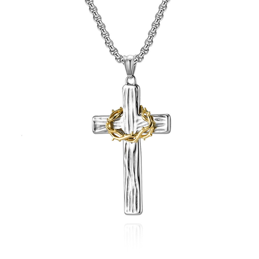 Luxury Brand Designer Jewelry Vintage Titanium Steel Flower Ring Cross Necklace Two-tone Wood Grain Stainless Steel Prayer Pendant Artistic Minimalist