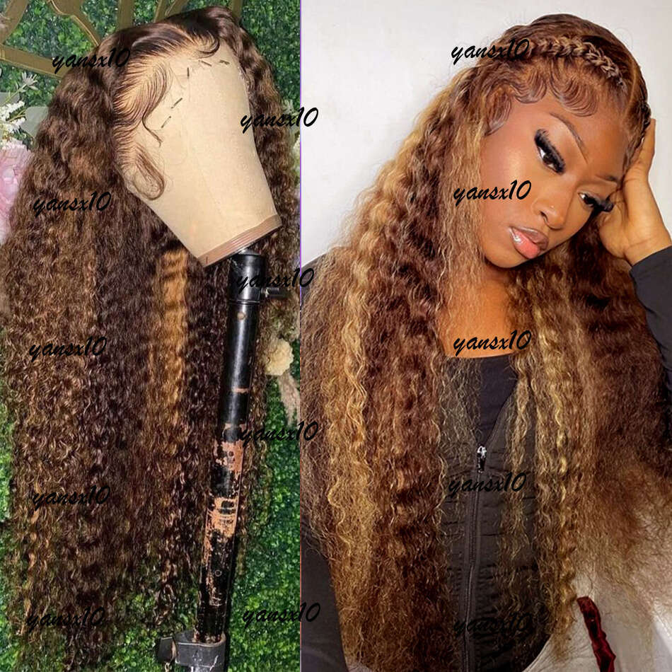Long Brazilian Highlight Human Hair Ombre Colored Curly Front Wig Honey Blonde Hd Deep Wave Lace Frontal WigsSyynthetic
