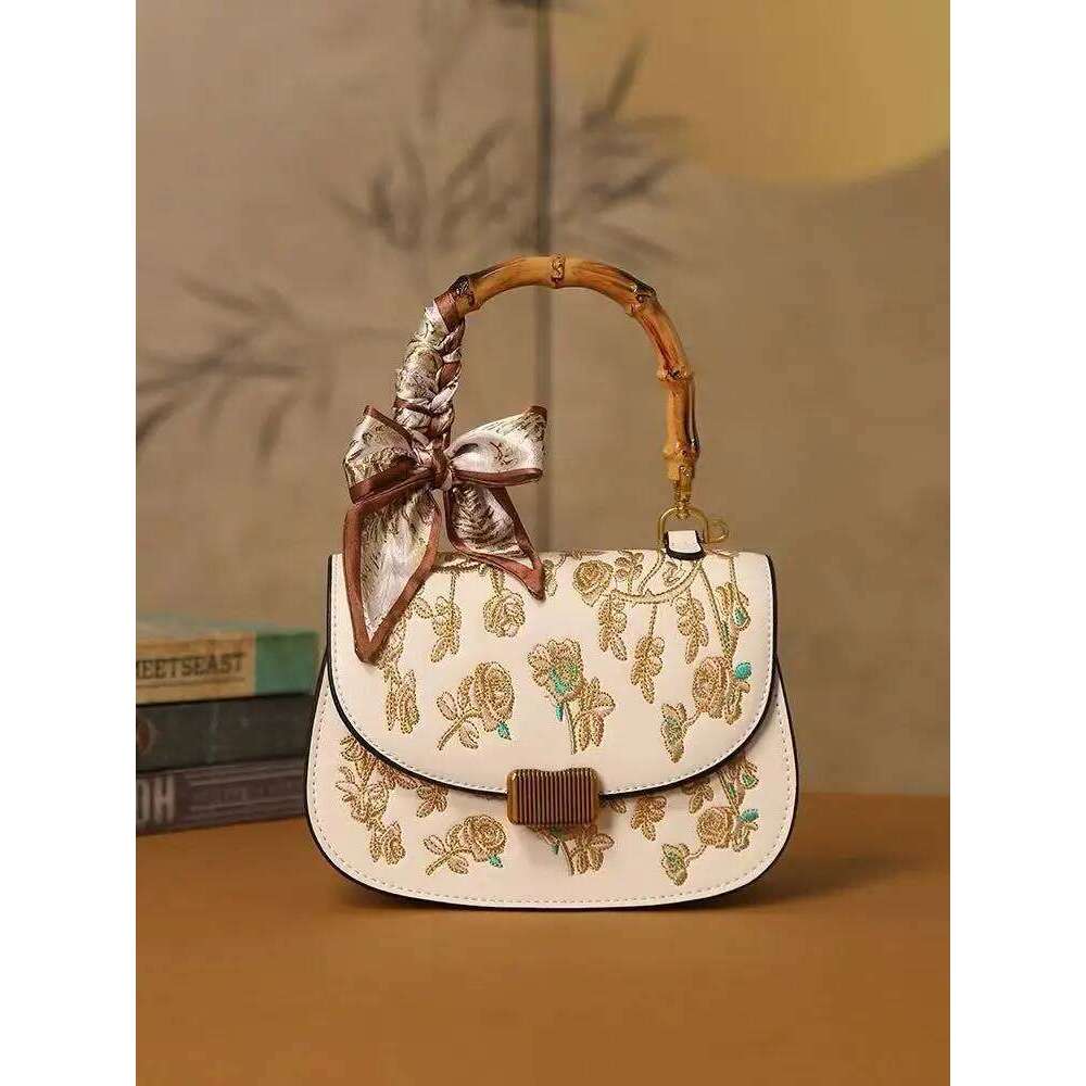 High Quality Bamboo Handle Women Handbag Textured Fashion Embroidery Floral Shoulder Crossbody Lady Purse Mother's Gift Bag