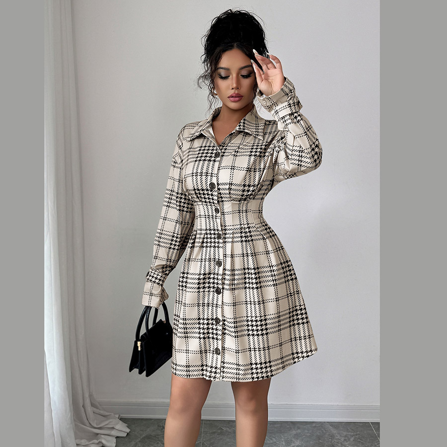 Casual Dresses Autumn Plaid Printed Women's Shirt Mini Dress Long Sleeve Turn-Down Collar Female Streetwear Loose Ladies Clothes
