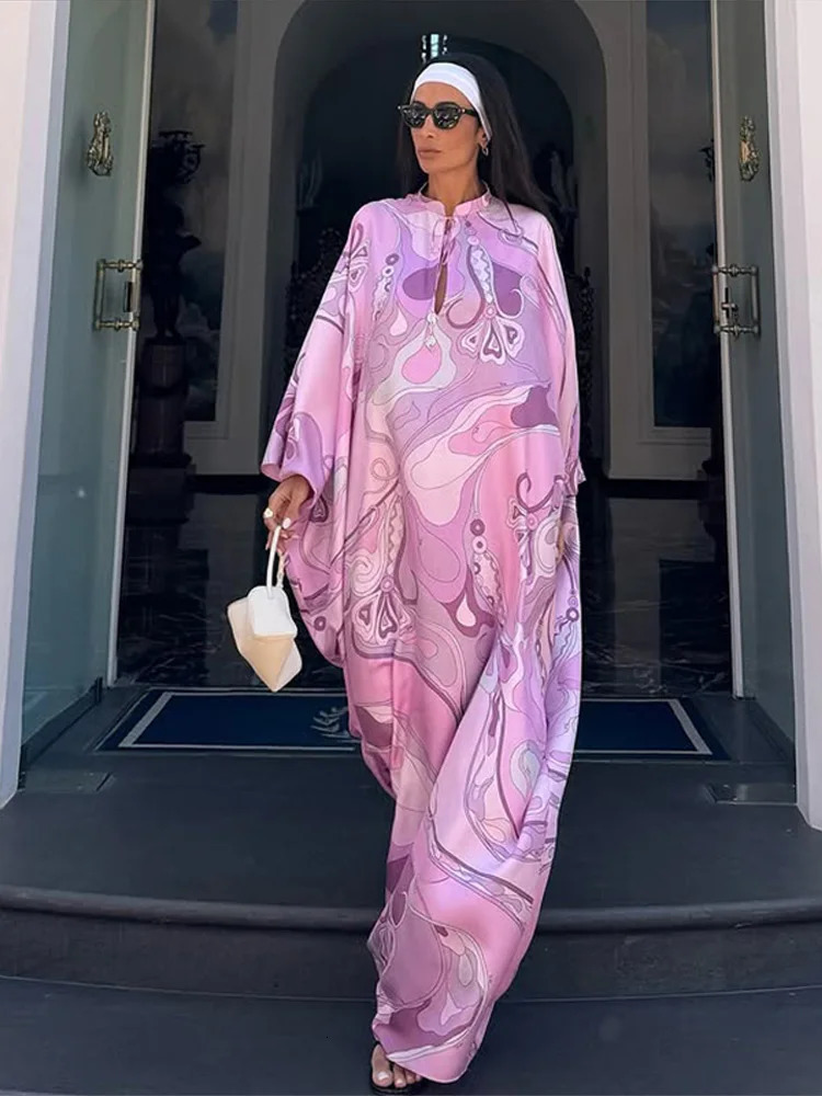 Geometric Print Satin Caftan Dress Wome Stand Collar Loose Hollow 2025 Fashion Elegant Vestido Holiday Party Vintage Robe 250829