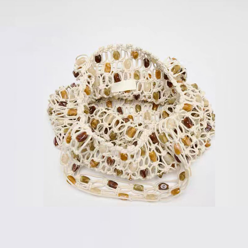 2025 autumn new women's bag light luxury atmospheric bead bag, simple and fashionable, niche woven bag, checkered beach bag, designer shoulder ba