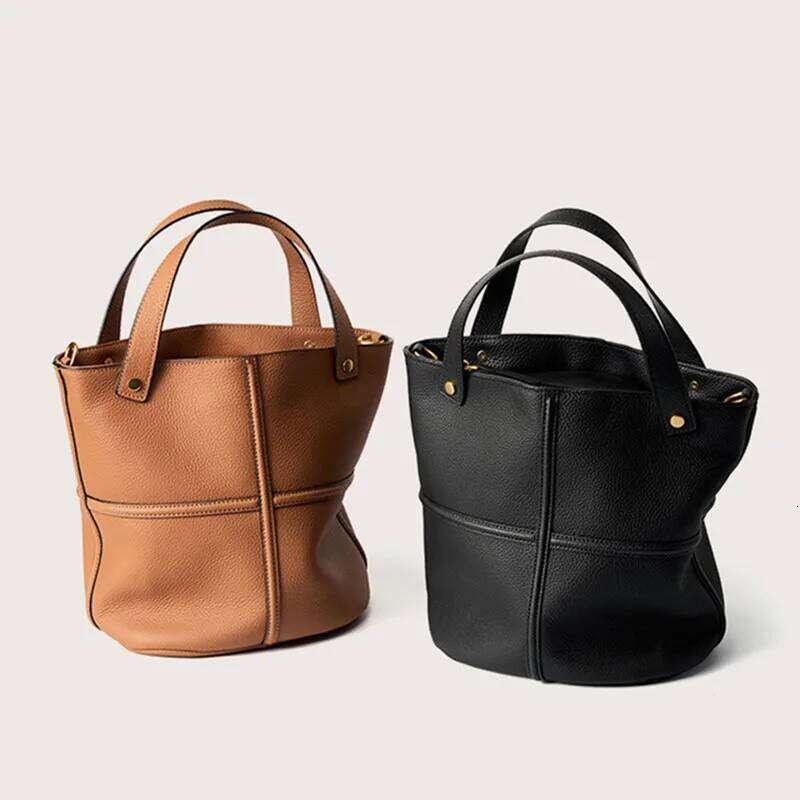 2024 Women Fashion Bucket Shoulder New Design Cowhide Handbags Genuine Leather Tote Bags Female Messenger Bag