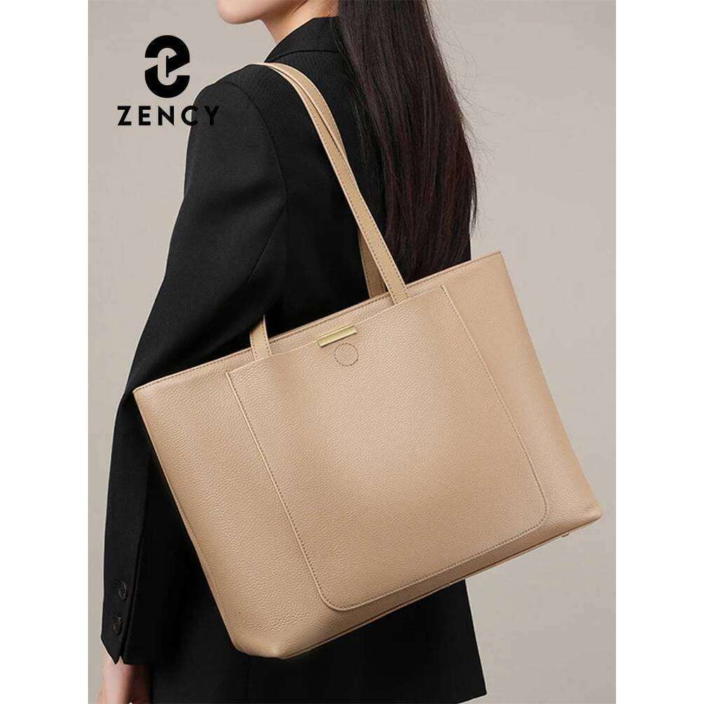 Zency Soft Cowhide Leather Women Shoulder Tote Handbag Large Capacity Lady Shopping Bag Front Pocket For Notebook Phone Ipad