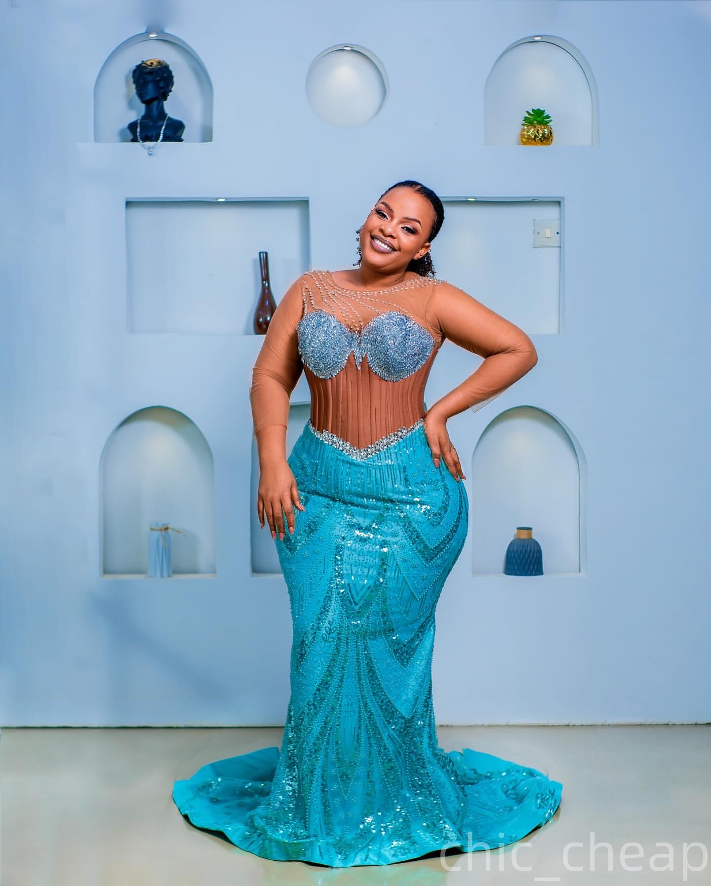 Aso Ebi Cerulean Blue Mermaid Prom Dress 2025 Beaded Crystals Sheer neck Evening Formal Party Birthday Dresses Robe De Sorrie Reception Gowns For Spec