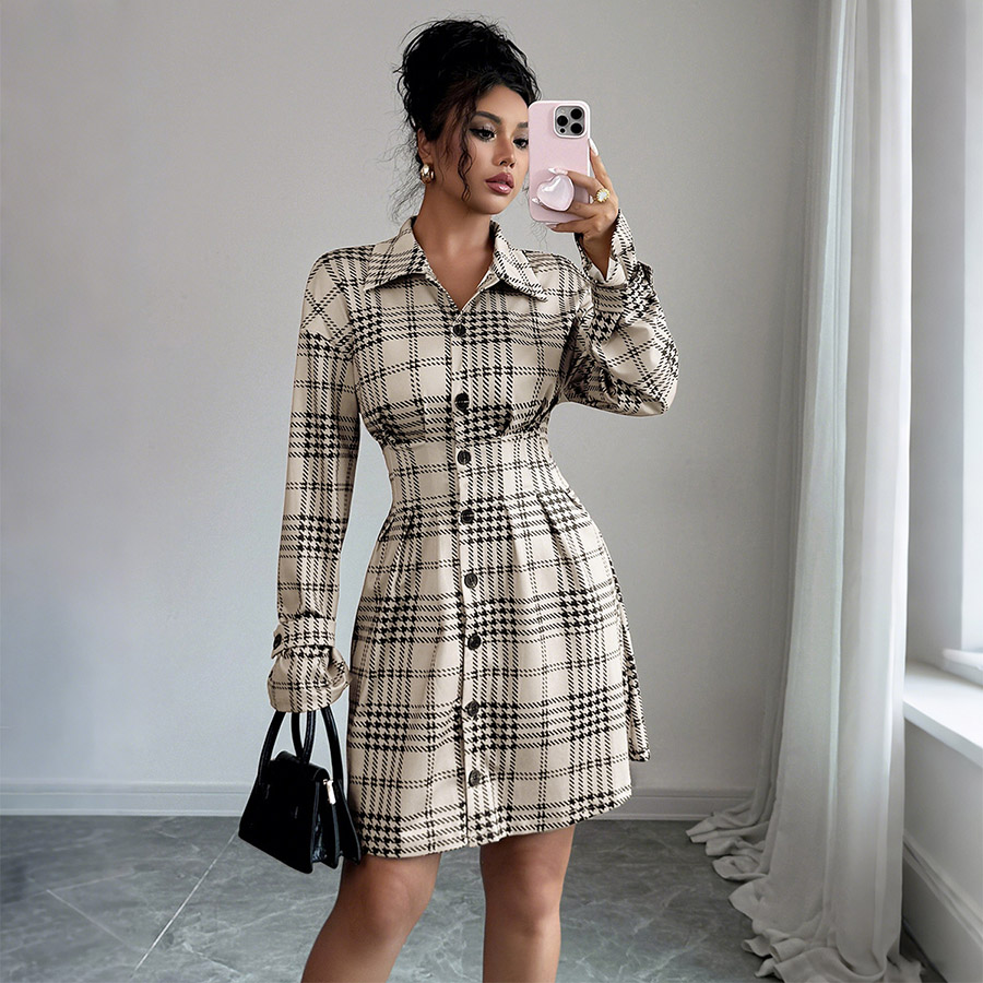 Casual Dresses Autumn Plaid Printed Women's Shirt Mini Dress Long Sleeve Turn-Down Collar Female Streetwear Loose Ladies Clothes