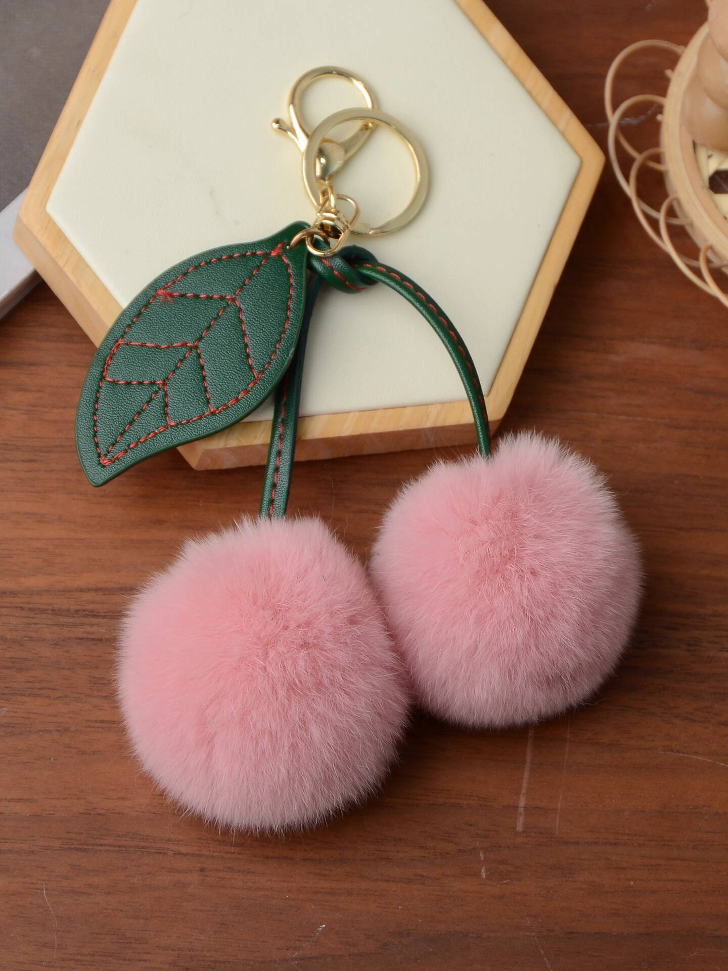 fur small cherry car key ring real rex rabbit hair