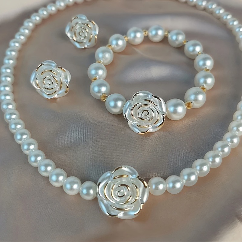 2 stud earrings + 1 necklace + 1 bracelet, fashionable and personalized style, imitation pearl camellia style, women's jewelry set, suitable for 