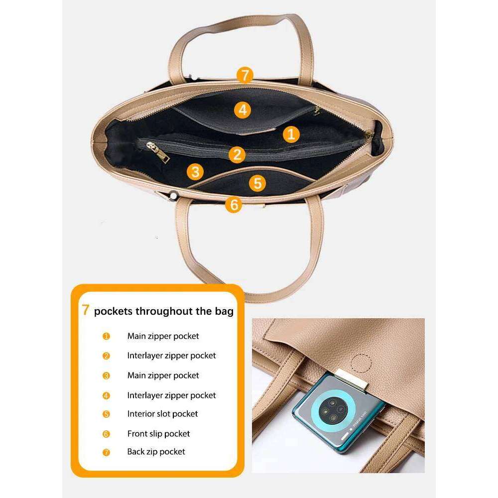 Zency Soft Cowhide Leather Women Shoulder Tote Handbag Large Capacity Lady Shopping Bag Front Pocket For Notebook Phone Ipad