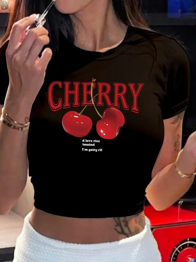Fashion Cherry Print Crew Neck Tshirt Y2K Short Sleeve Tight Fit Crop Top Spring Summer Womens Clothing 250829