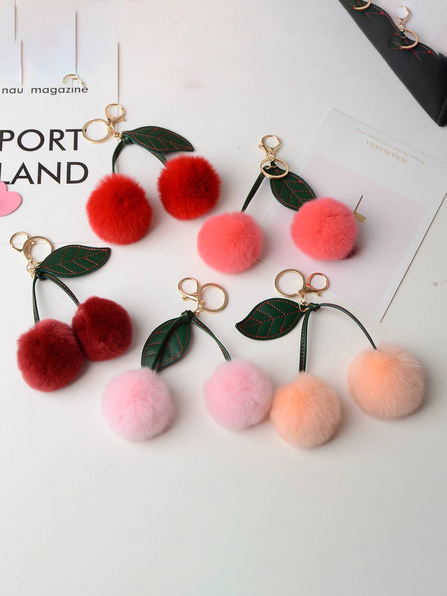 fur small cherry car key ring real rex rabbit hair