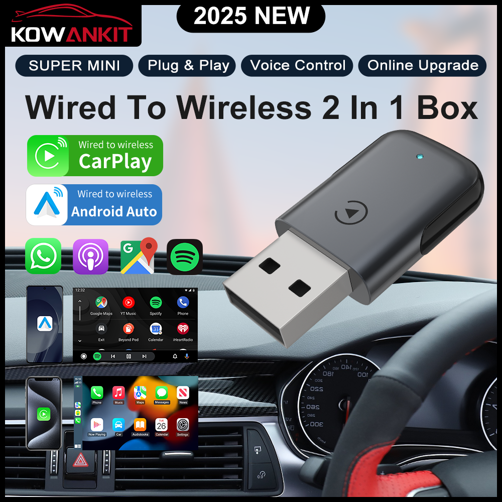 KOWANKIT Wireless CarPlay Android Auto AI Box, Plug & Play Dongle Converts Wired To Wireless, Vehicle Multimedia Upgrade, No Delay, 2in1 Car Accessori