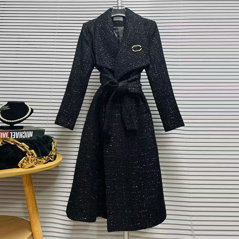 Women's designer square neck knee length wool coat 2025 autumn and winter high-end Korean style slim fit lace up slimming jacket